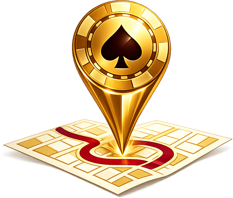 A gold location pin with a poker-chip spade marker dropping onto a street map